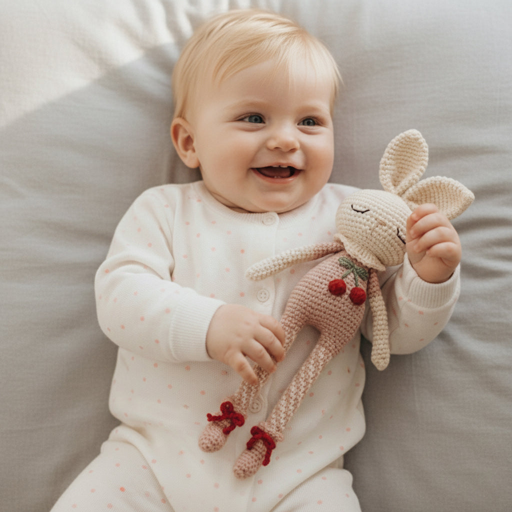Doudou Lapine rose en crochet coton bio fait main