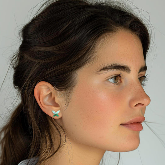 Boucles d'oreilles papillon en pierre fine naturelle agate verte et amazonite vert lagon - bijou plaqué or