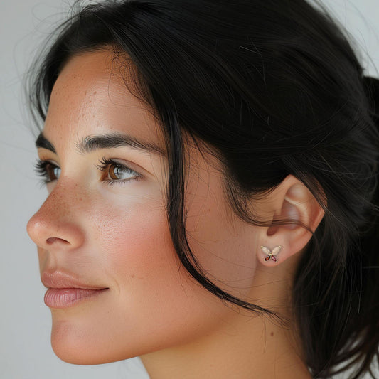 Boucles d'oreilles papillon en pierre fine naturelle grenat et pierre de lune pêche - bijou plaqué or