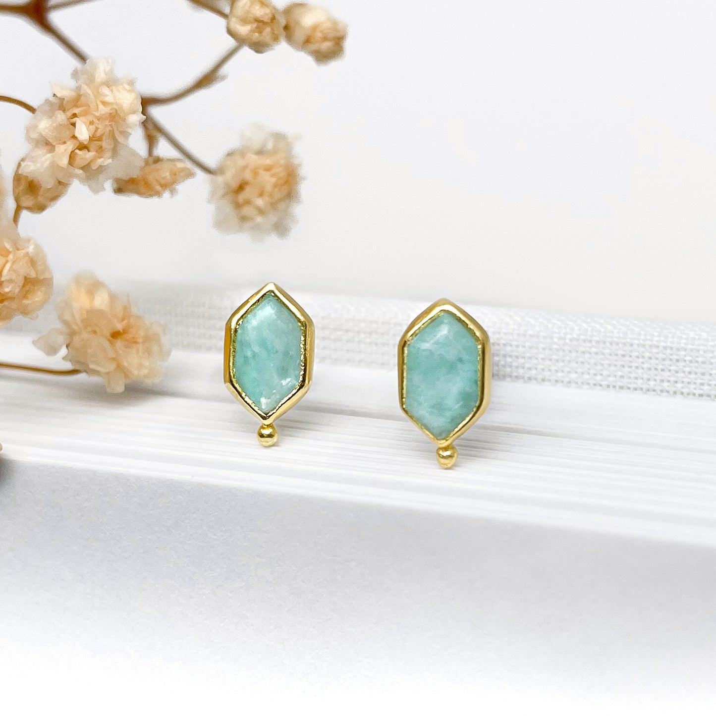 Boucles d'oreilles en pierre fine naturelle amazonite verte - bijou plaqué or