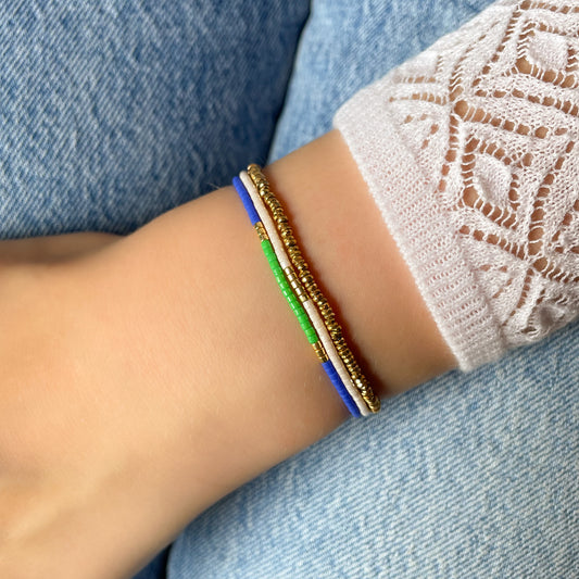 Trio de bracelets en pierres fines et perles de rocaille en verre "Bleu, Vert & Blanc". Peuvent se porter indépendamment.