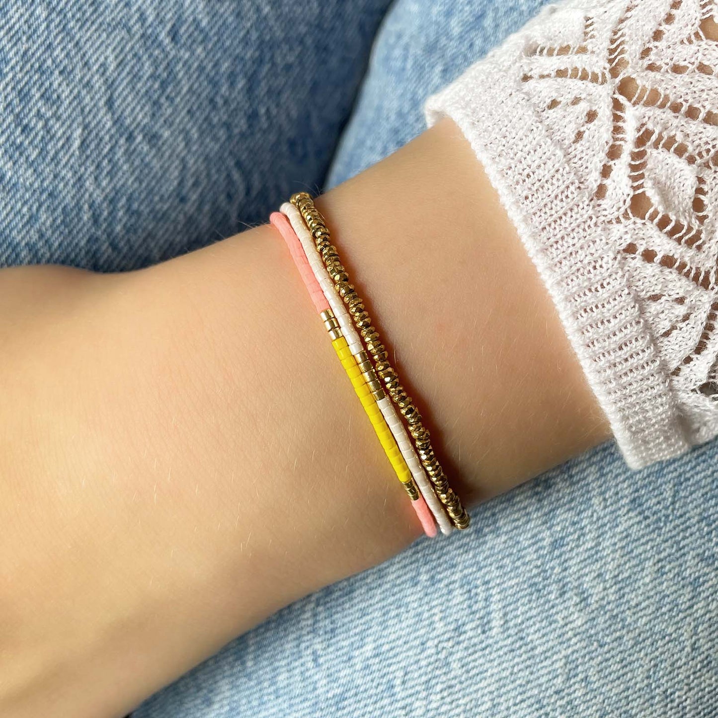 Trio of bracelets in fine stones and pearls “Pink, Lemon Yellow & White”