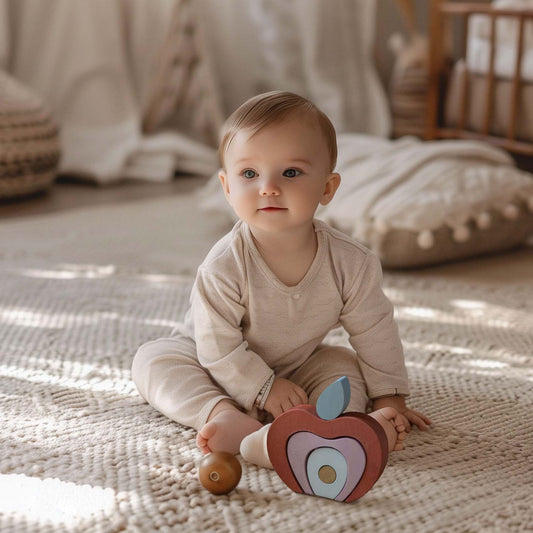 Jeu en bois en forme de pomme composé de différents éléments empilables. Teinte rouge rosée. A partir de 3 ans.