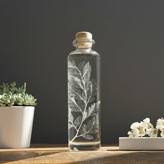 Plante immergée dans un flacon d'apothicaire rond de 21 cm. Fougère Cuir blanchie sans produits toxiques