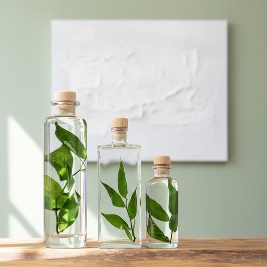 Plante immergée dans un flacon d'apothicaire en verre. Brin de Ruscus vert profond