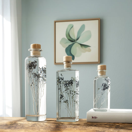 Plante immergée dans un flacon d'apothicaire en verre. Brin de broom broom d'un bleu gris profond