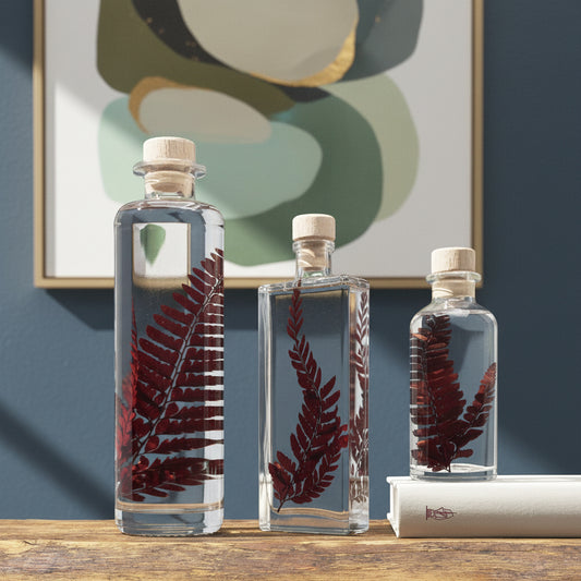 Brin de Fougère Rumohra Bordeaux immergé en apesanteur dans un flacon d'apothicaire.