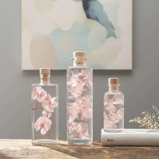 Plante immergée dans un flacon d'apothicaire en verre. Brin d'Hortensia rose.