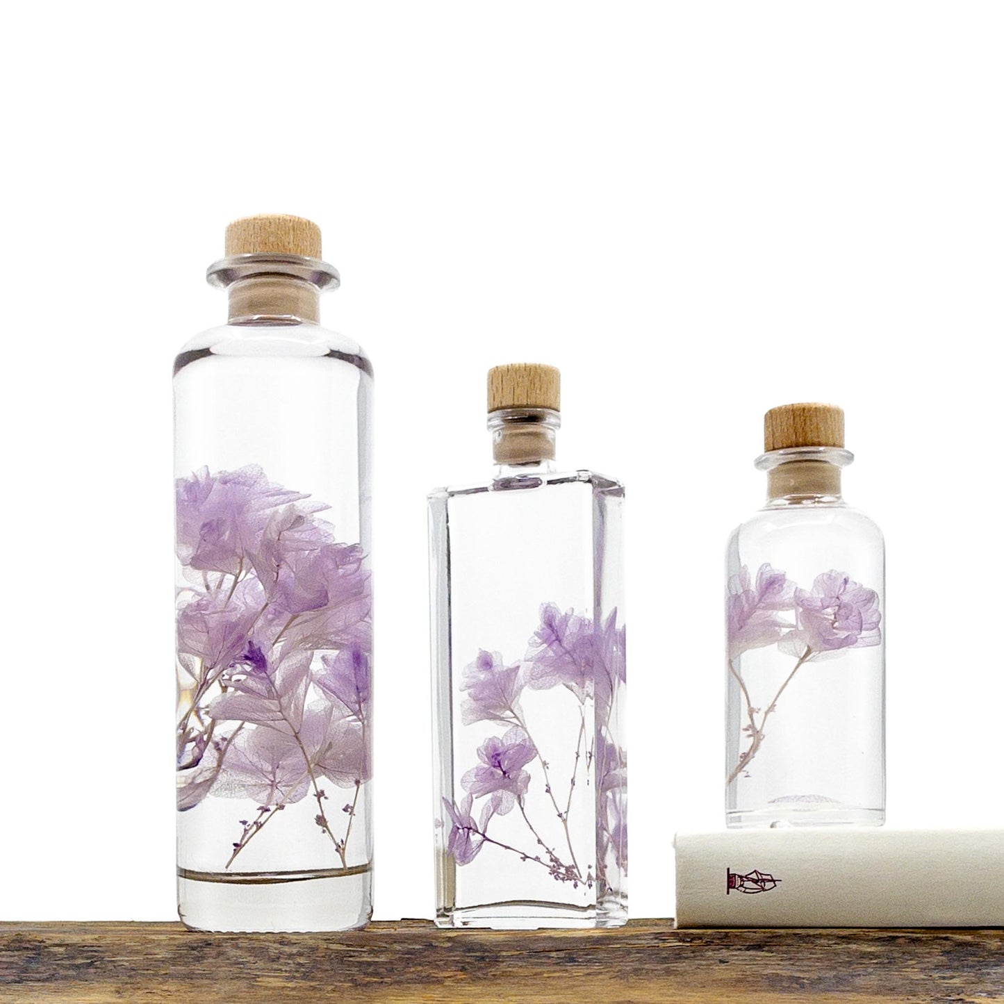 Plante immergée dans un flacon d'apothicaire en verre rectangulaire de 17 cm de hauteur. Brin d'Hortensia Feuille de Chêne Lilas