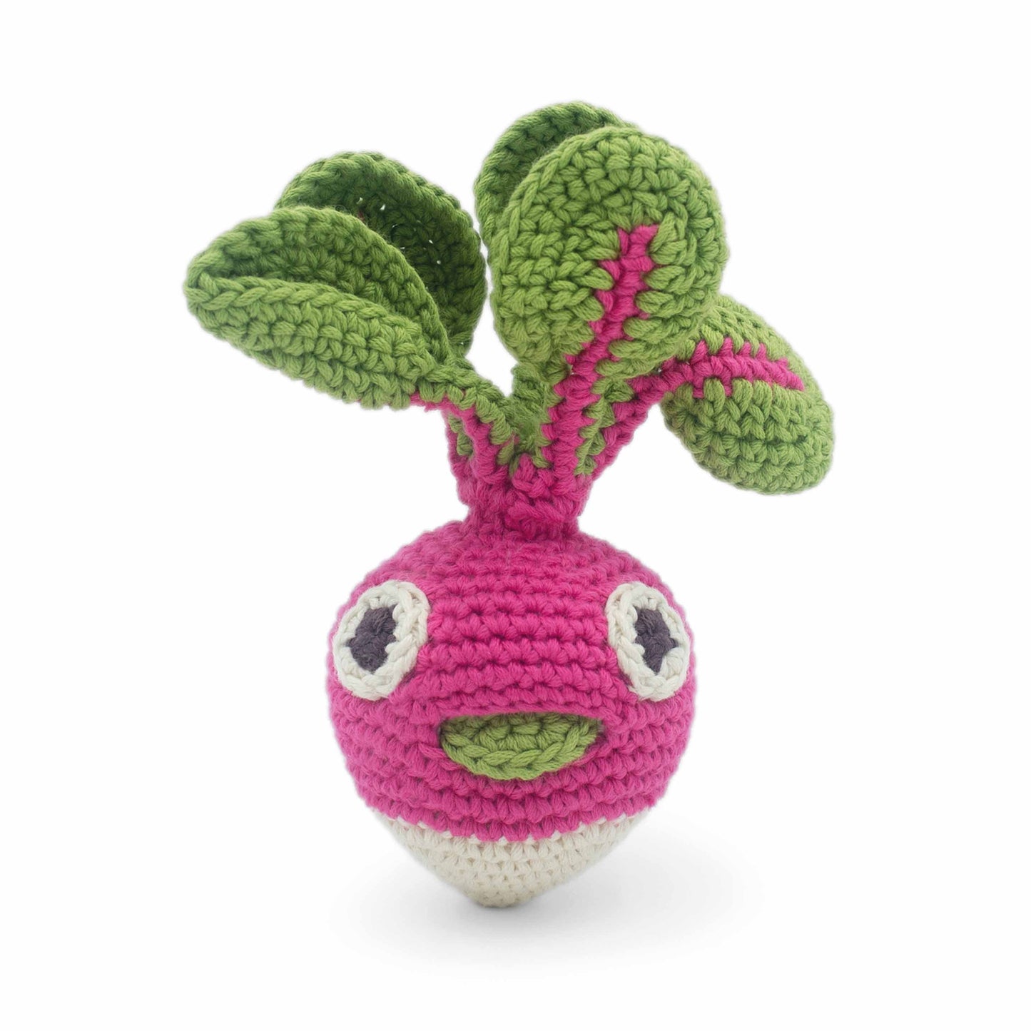 Hochet Radis pour bébé en crochet en coton bio fait main avec petit grelot. Hauteur 10 cm, couleurs rose et blanc