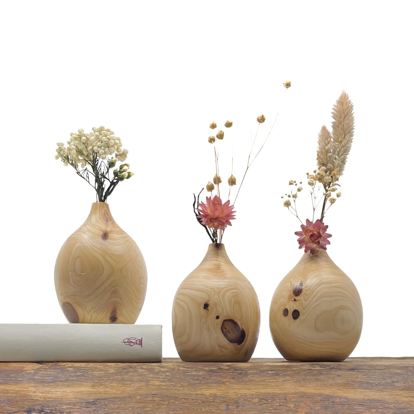 Vase en bois brut fait main pour fleurs séchées