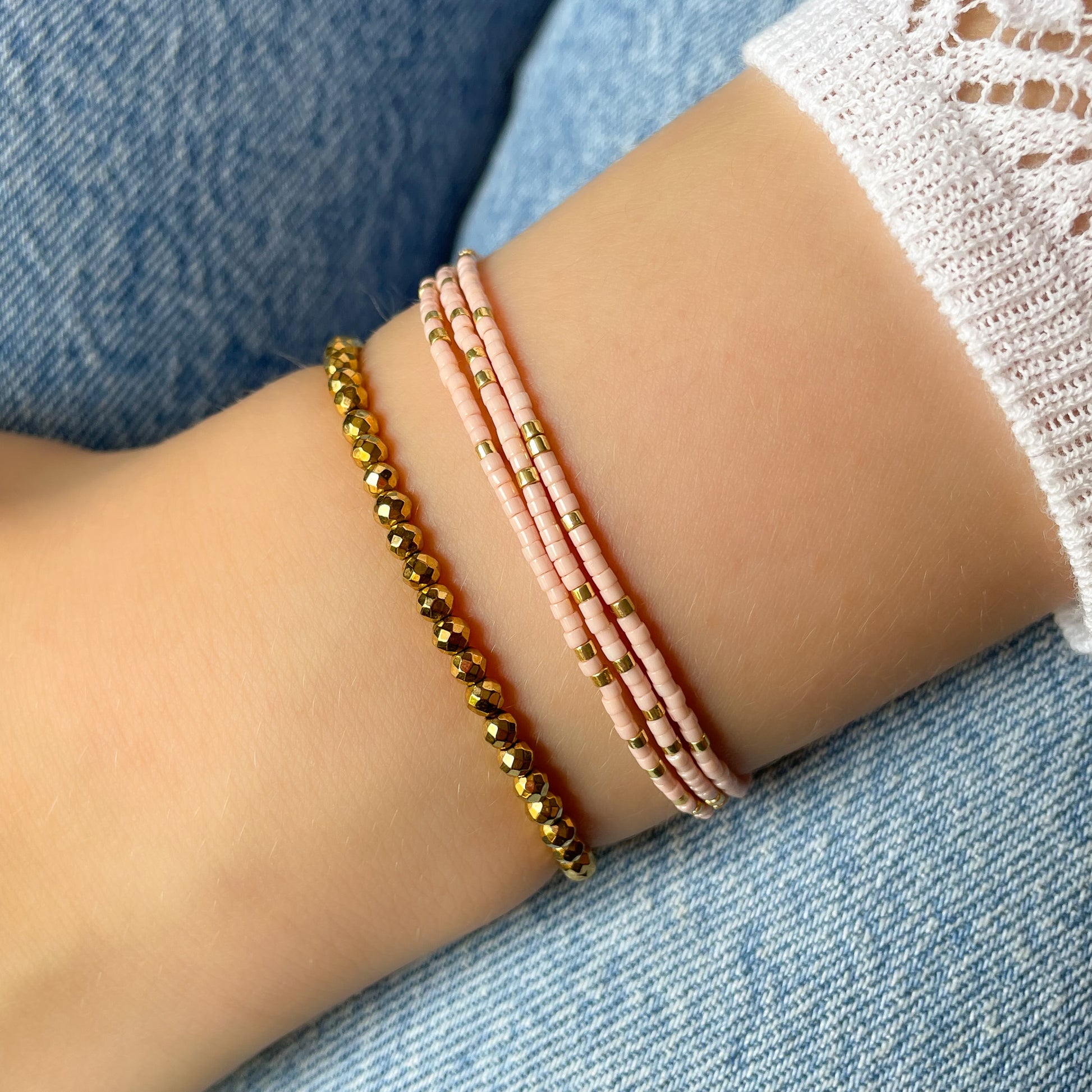 Bracelet Trois Tours en Perles Rose Poudré & Or – MADAME NATURE