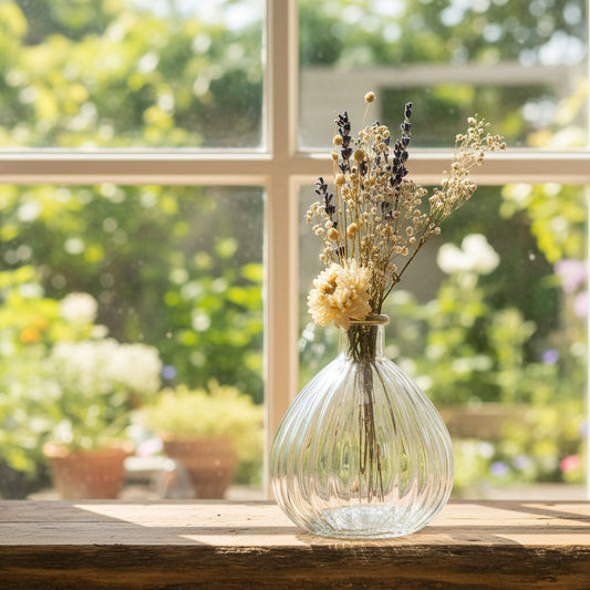 Vase en verre recyclé translucide avec une touche d'or sur le col du vase. Livré avec fleurs séchées offertes.