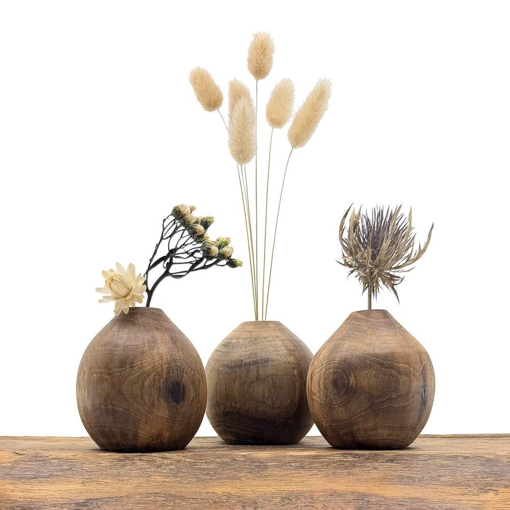 Vase en bois brut fait main pour fleurs séchées