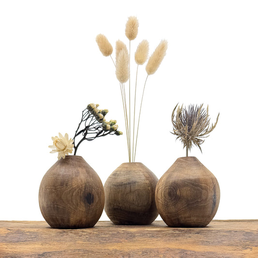 Vase en bois brut fait main pour fleurs séchées