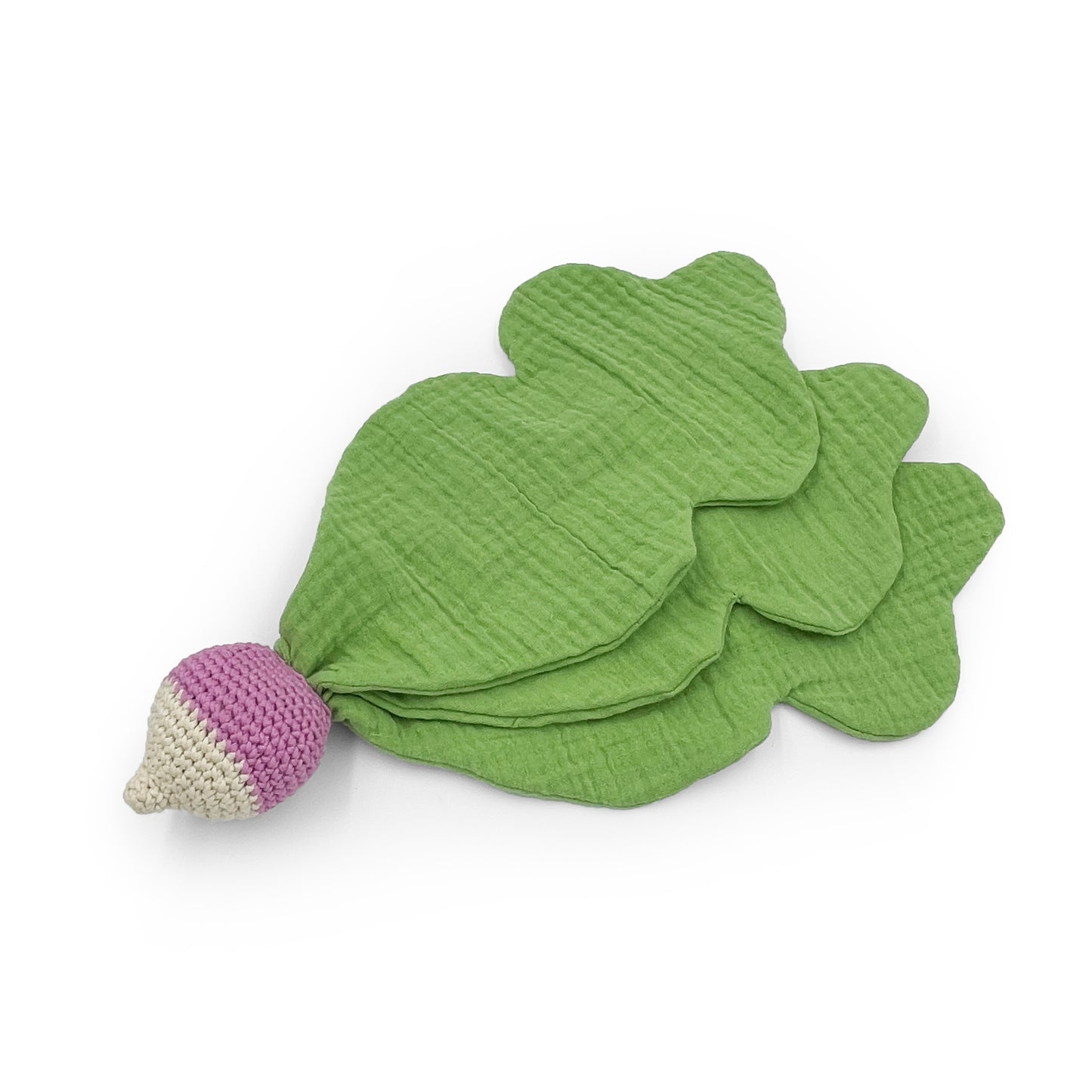 Doudou pour bébé radis blanc et mauve, feuilles vertes, en coton biologique certifié GOTS et crochet fait à la main.