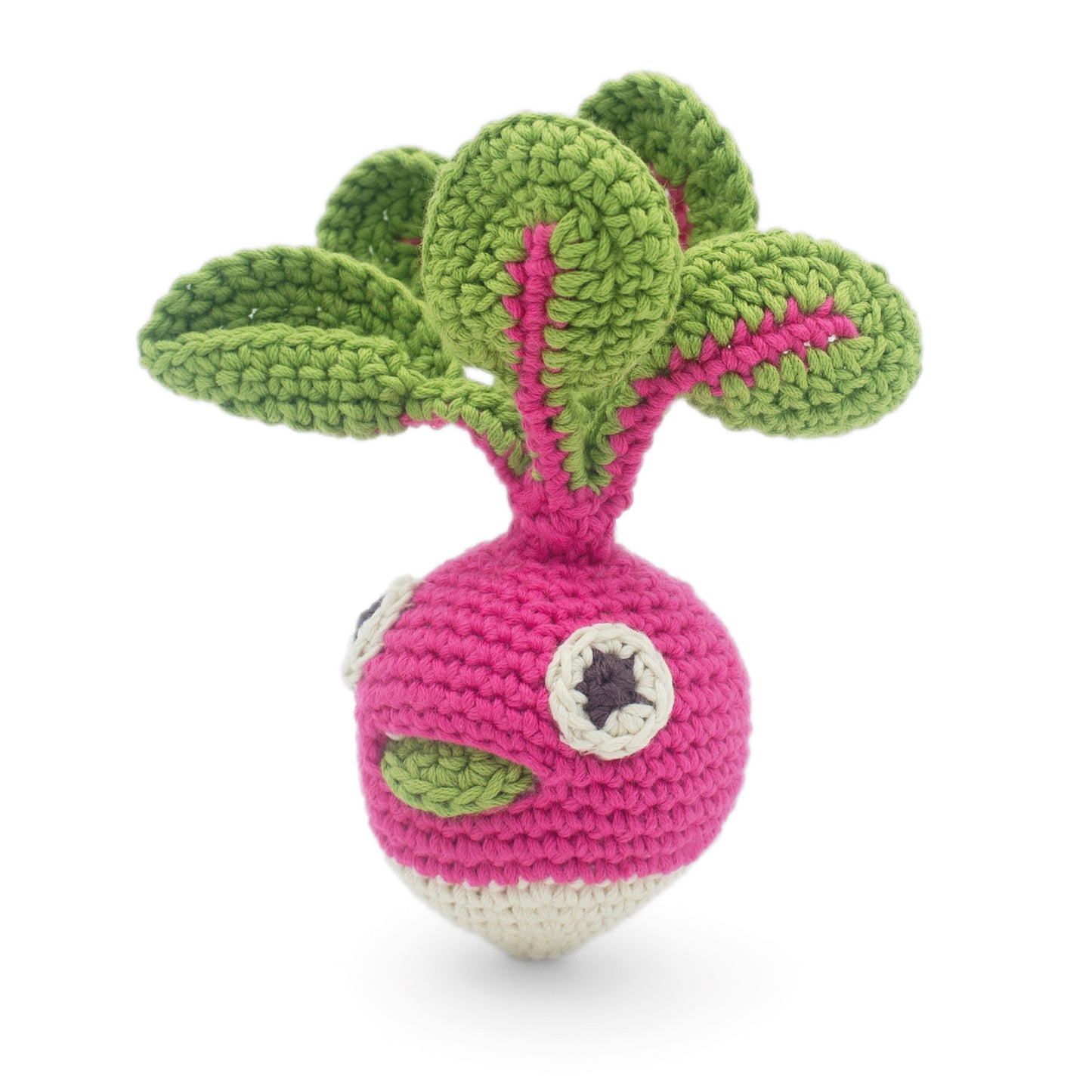 Hochet Radis pour bébé en crochet en coton bio fait main avec petit grelot. Hauteur 10 cm, couleurs rose et blanc